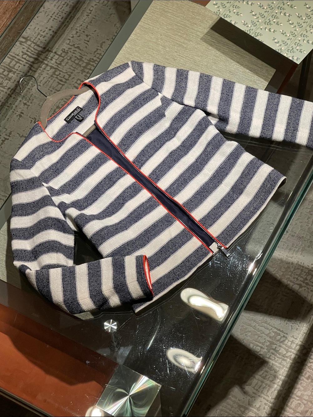 Conrad C Collection Navy and White Striped Zip Cardigan with Coral Trim
